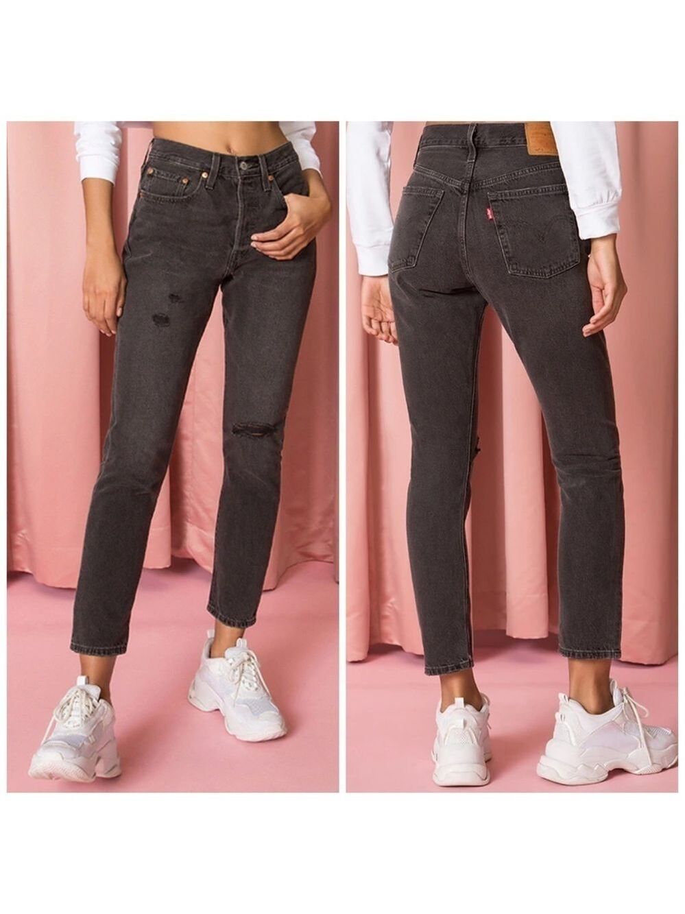 Levis Premium 501 Skinny High Rise Distressed Faded Black Non-Stretch Denim Jean
